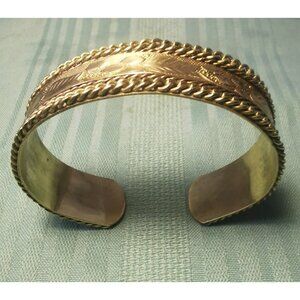 Etched Brass Cuff Bracelet Wide Boho Statement Cuff with Chain Border Vintage